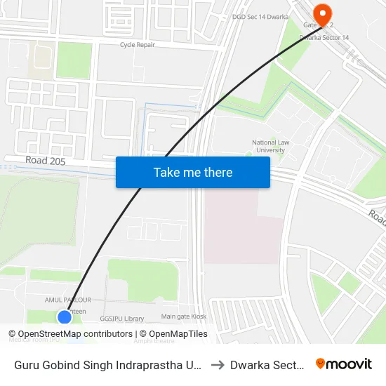 Guru Gobind Singh Indraprastha University to Dwarka Sector 14 map