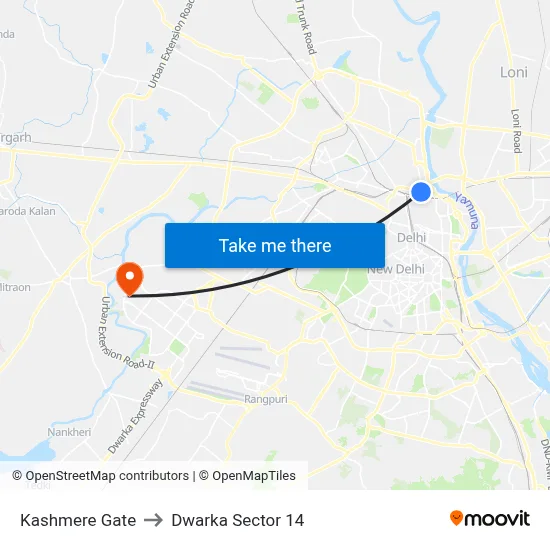 Kashmere Gate to Dwarka Sector 14 map