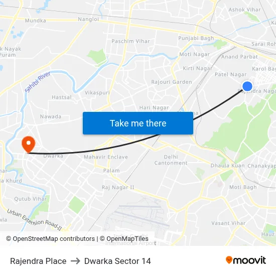 Rajendra Place to Dwarka Sector 14 map