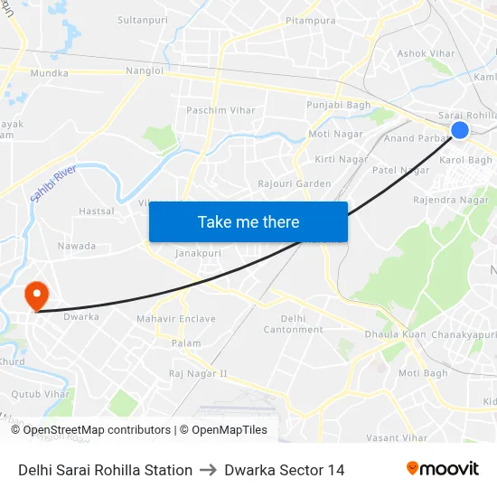 Delhi Sarai Rohilla Station to Dwarka Sector 14 map