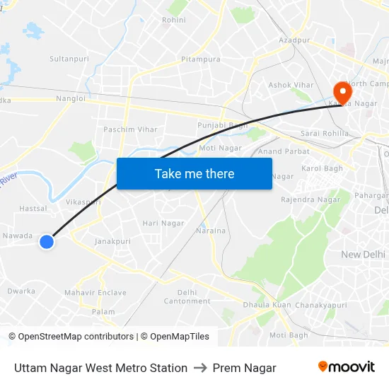 Uttam Nagar West Metro Station to Prem Nagar map