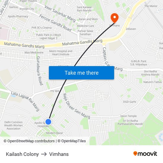 Kailash Colony to Vimhans map