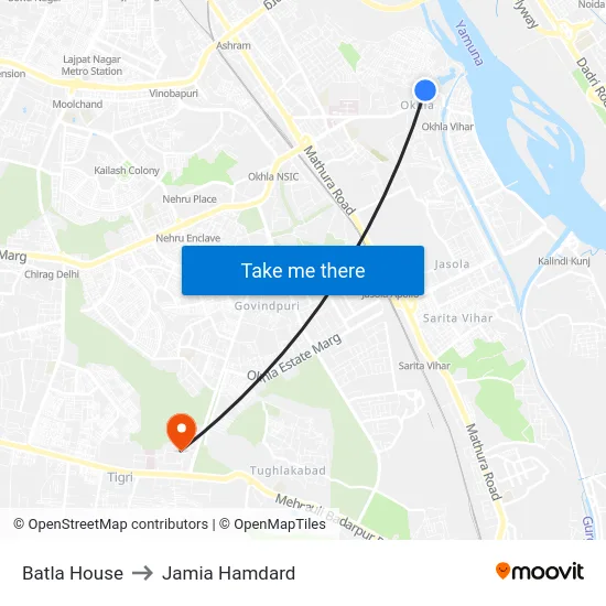 Batla House to Jamia Hamdard map