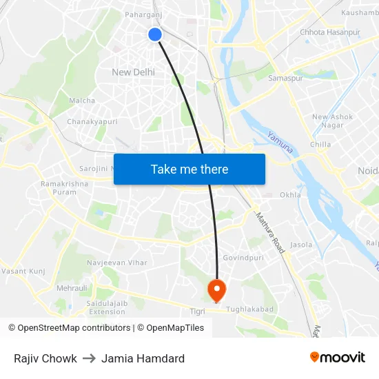 Rajiv Chowk to Jamia Hamdard map