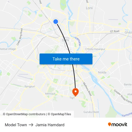 Model Town to Jamia Hamdard map