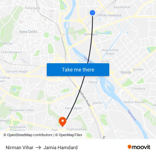 Nirman Vihar to Jamia Hamdard map