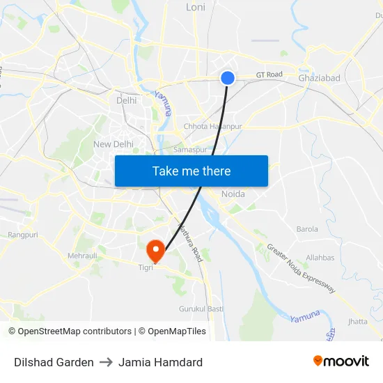 Dilshad Garden to Jamia Hamdard map