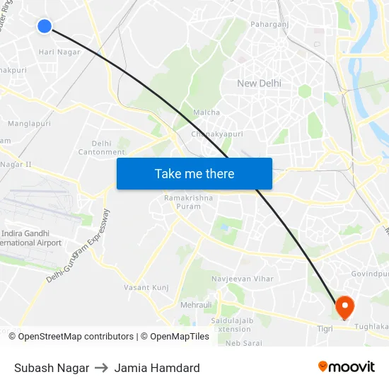 Subash Nagar to Jamia Hamdard map