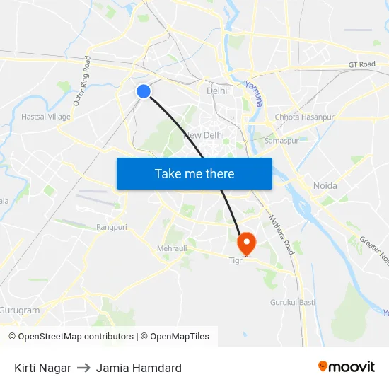 Kirti Nagar to Jamia Hamdard map
