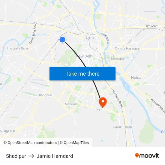 Shadipur to Jamia Hamdard map