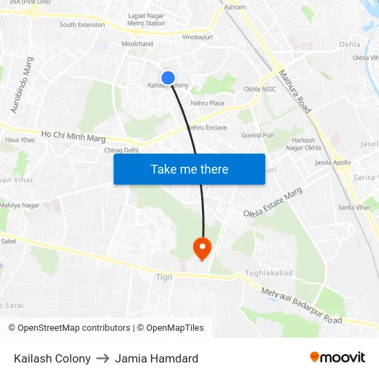 Kailash Colony to Jamia Hamdard map