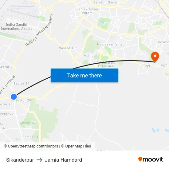 Sikanderpur to Jamia Hamdard map