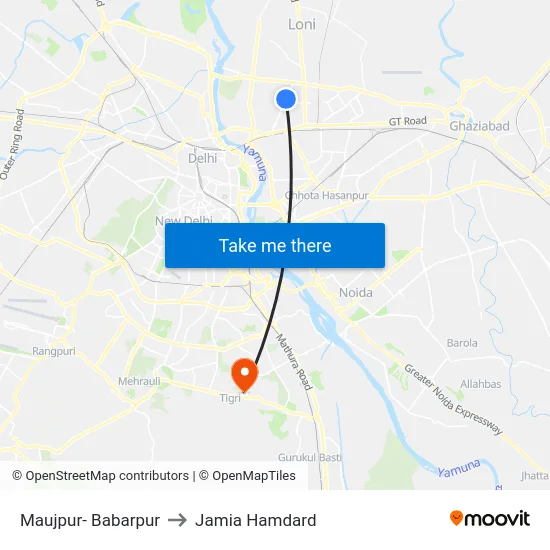 Maujpur- Babarpur to Jamia Hamdard map