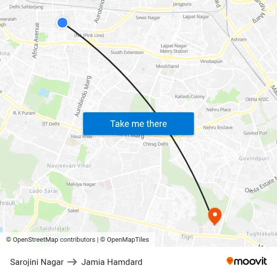 Sarojini Nagar to Jamia Hamdard map