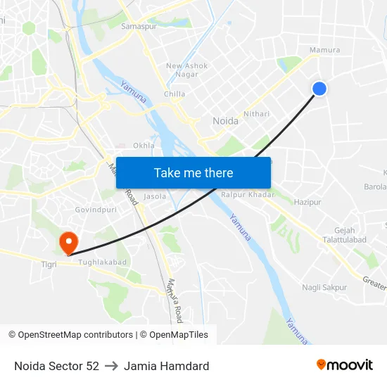 Noida Sector 52 to Jamia Hamdard map