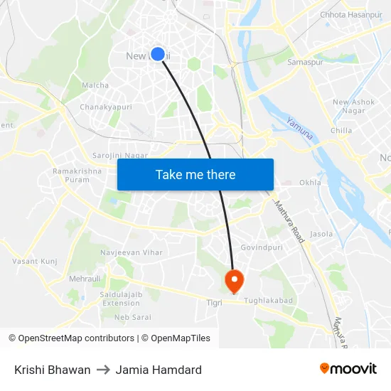 Krishi Bhawan to Jamia Hamdard map