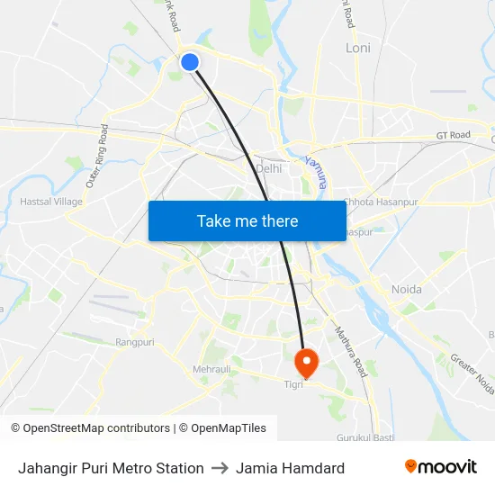 Jahangir Puri Metro Station to Jamia Hamdard map