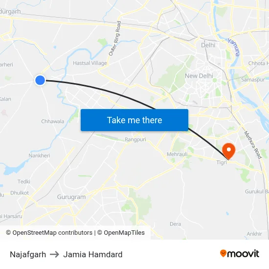 Najafgarh to Jamia Hamdard map