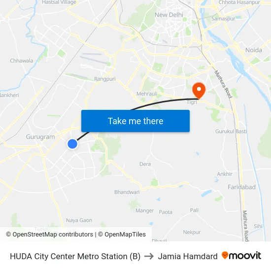 HUDA City Center Metro Station (B) to Jamia Hamdard map
