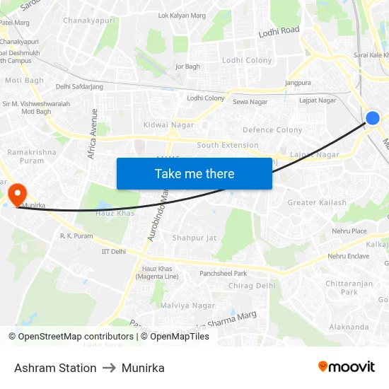 Ashram Station to Munirka map