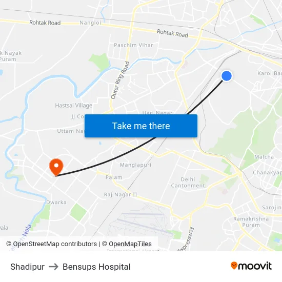 Shadipur to Bensups Hospital map