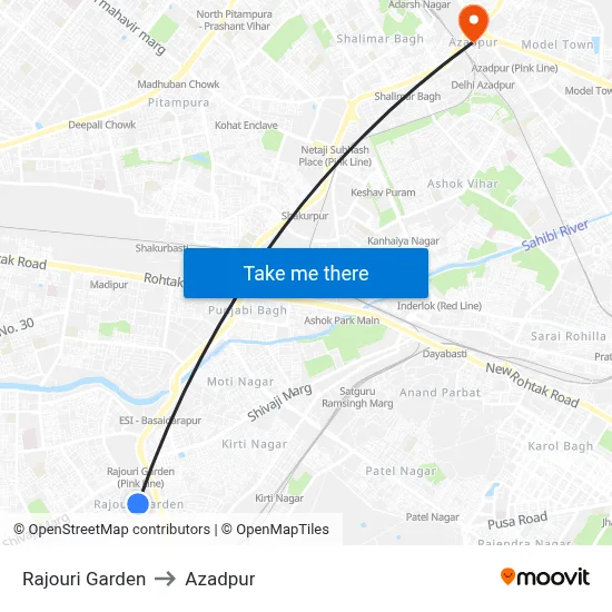 Rajouri Garden to Azadpur map