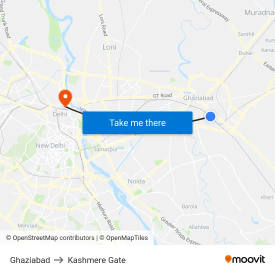 Ghaziabad to Kashmere Gate map