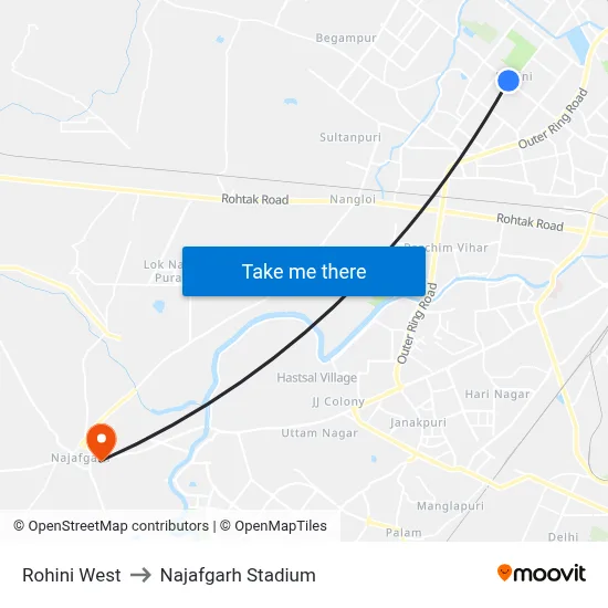 Rohini West to Najafgarh Stadium map