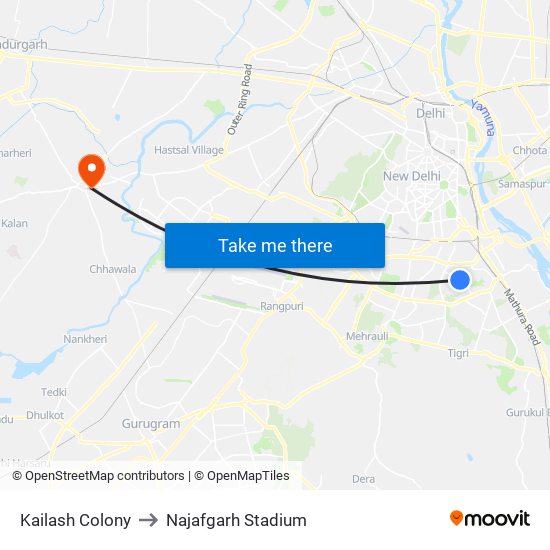 Kailash Colony to Najafgarh Stadium map