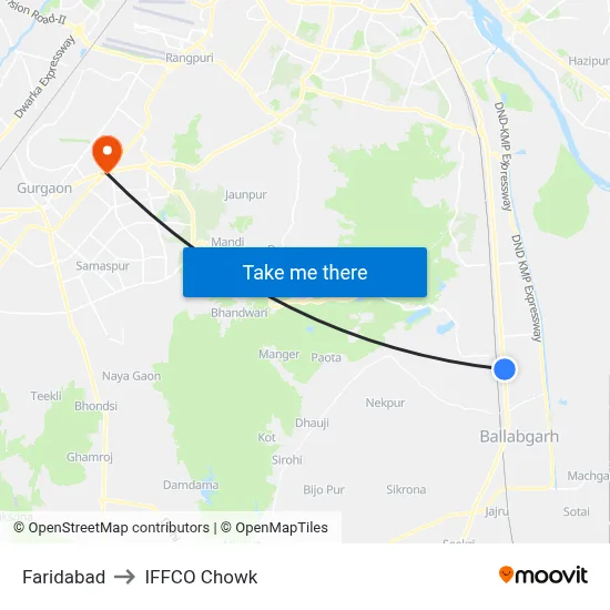 Faridabad to IFFCO Chowk map