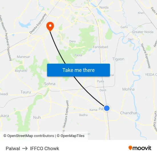 Palwal to IFFCO Chowk map