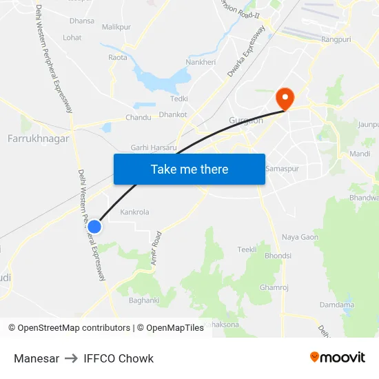 Manesar to IFFCO Chowk map