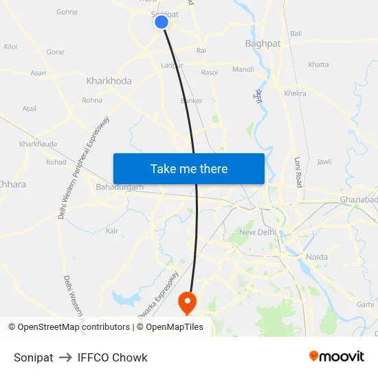 Sonipat to IFFCO Chowk map