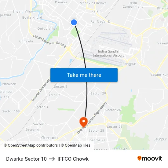 Dwarka Sector 10 to IFFCO Chowk map