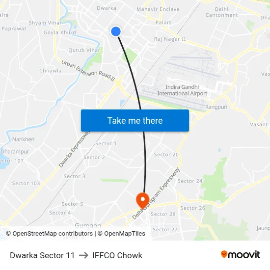Dwarka Sector 11 to IFFCO Chowk map