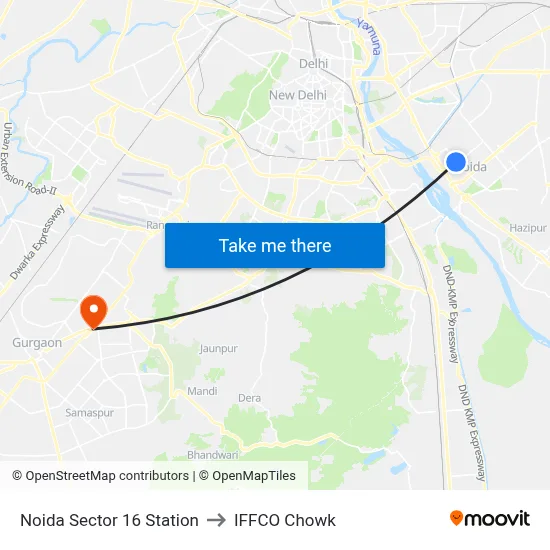 Noida Sector 16 Station to IFFCO Chowk map