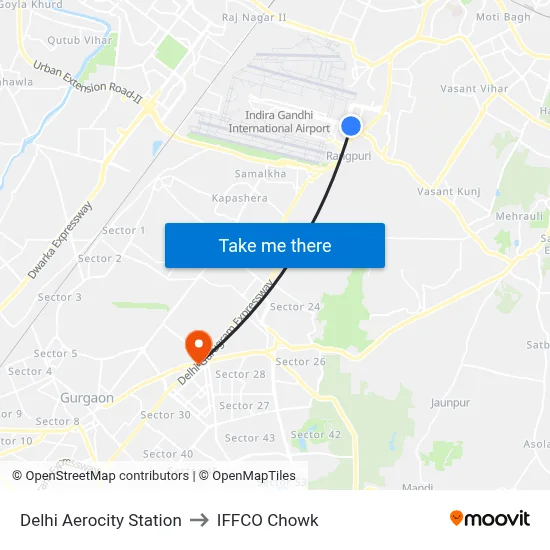दिल्ली एयरोसिटी स्टेशन to इफको चौक map
