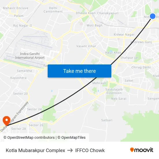 Kotla Mubarakpur Complex to IFFCO Chowk map
