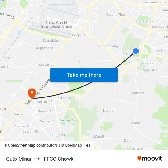 कुतुब मीनार to इफको चौक map