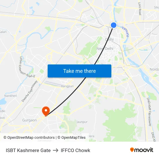 ISBT Kashmere Gate to IFFCO Chowk map