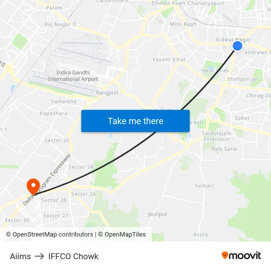 Aiims to IFFCO Chowk map