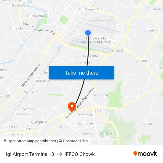 Igi Airport Terminal -3 to IFFCO Chowk map