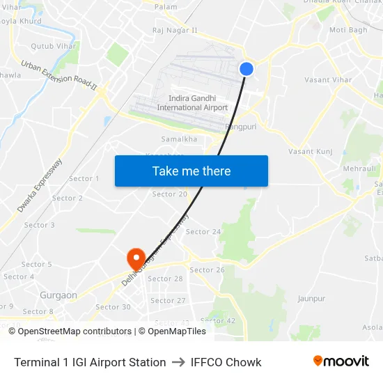 Terminal 1 IGI Airport Station to IFFCO Chowk map