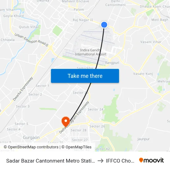 Sadar Bazar Cantonment Metro Station to IFFCO Chowk map