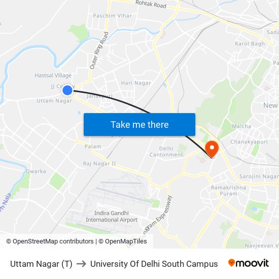 Uttam Nagar (T) to University Of Delhi South Campus map