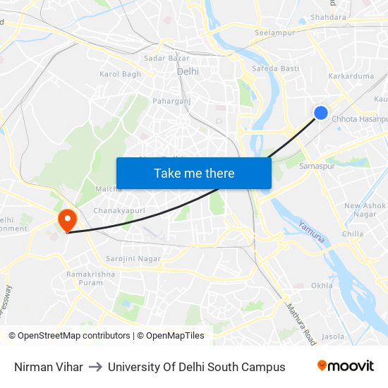 Nirman Vihar to University Of Delhi South Campus map