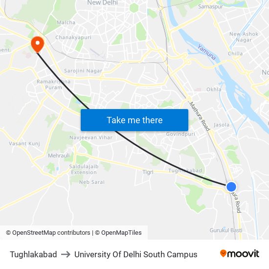 Tughlakabad to University Of Delhi South Campus map