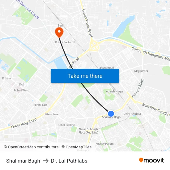 Shalimar Bagh to Dr. Lal Pathlabs map