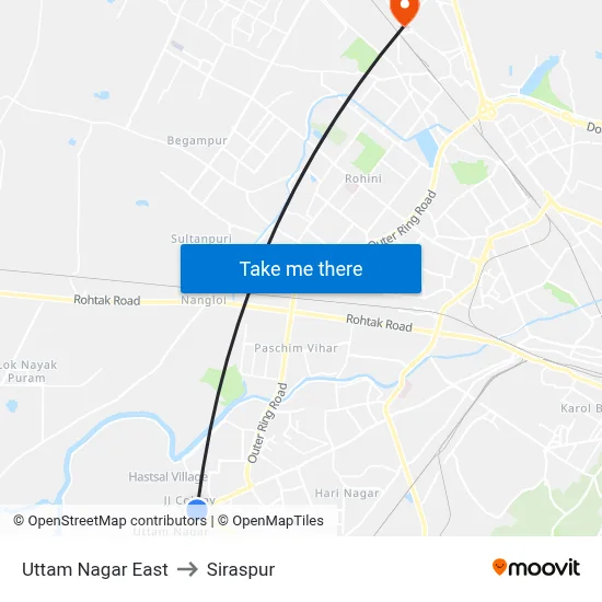 Uttam Nagar East to Siraspur map