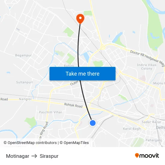 Motinagar to Siraspur map